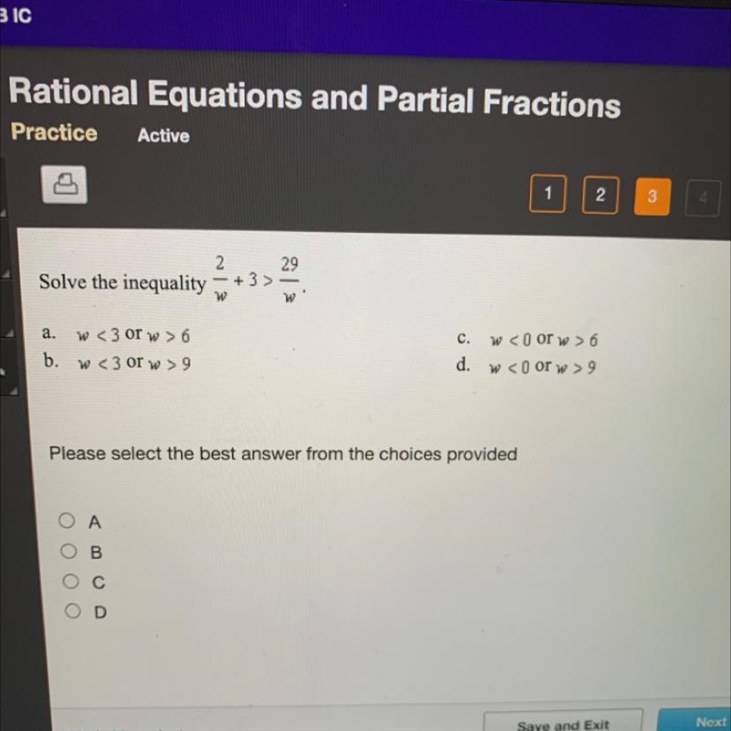 29 2 Solve the inequality - +3> W a. c. W <3 or w > 6 w <3 or w > 9 W-example-1