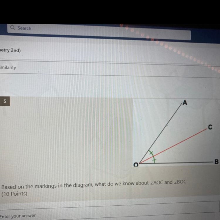 Based on the markings in the diagram, what do we know about angles AOC and BOC?-example-1