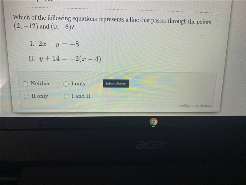 Which of the following equations represent a line that passes through the points (2,-12) and-example-1