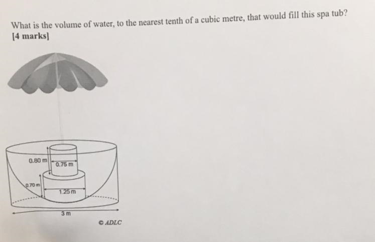 PLEASE ANSWER !!! What is the volume of water, to the nearest tenth of a cubic metre-example-1