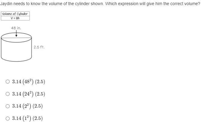 Jaydin needs to know the volume of the cylinder shown. Which expression will give-example-1