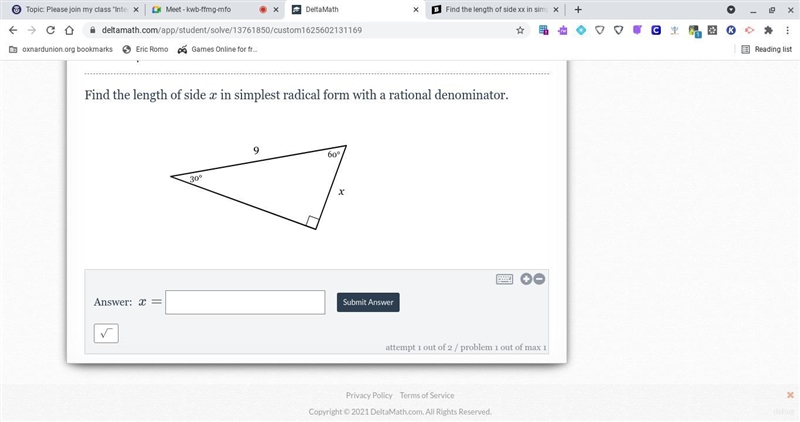 Find the length of side xx in simplest radical form with a rational denominator.-example-1