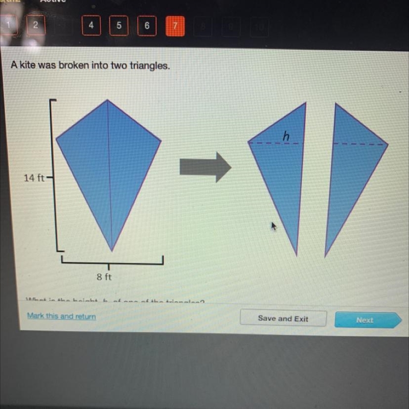 A kite was was broken into two triangles. What is the height, h, one of the triangles-example-1