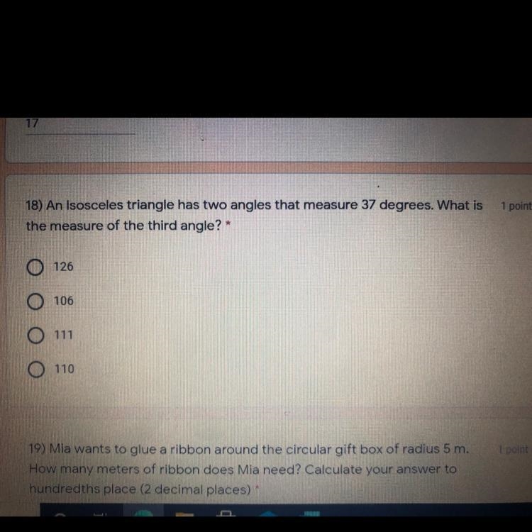 An isosceles triangle has two angles that measure 37 degrees. What is the measure-example-1