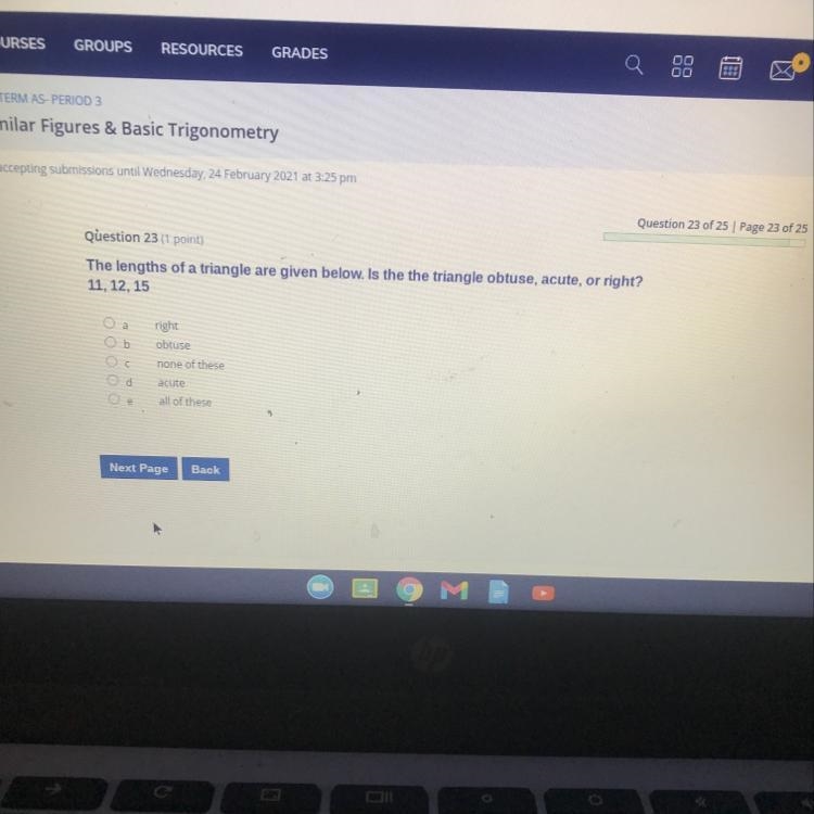 The lengths of a triangle are given below is the triangle obtuse acute or right ? 11,12,15-example-1