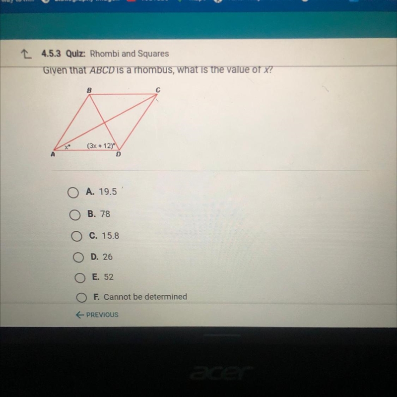 Given that ABCD is a rhombus, what is the value of x? B C. (3x + 12) D A. 19.5 B. 78 C-example-1