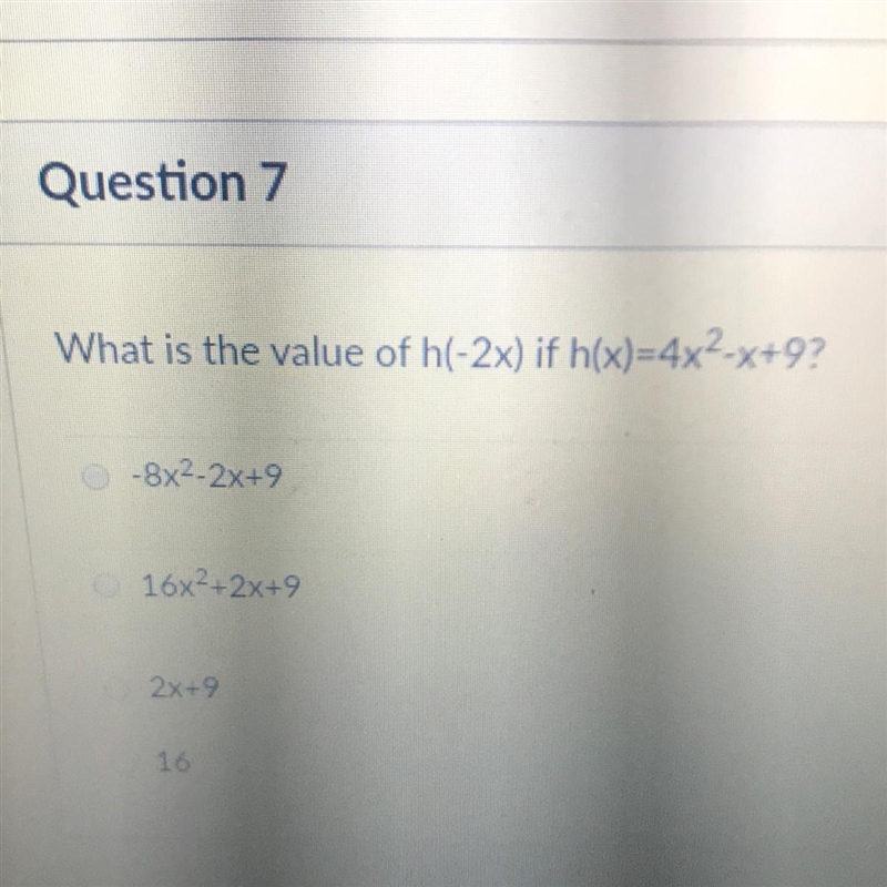 What is the value of h(-2) if h(x)=4x^2-x+9?-example-1