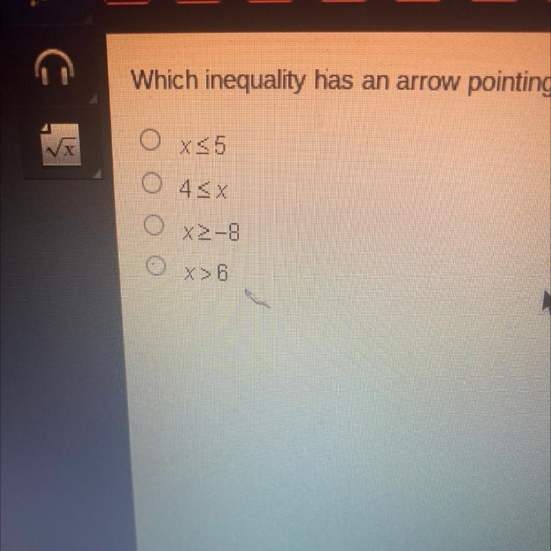 Which inequality has an arrow pointing to the left when the solution set is graphed-example-1