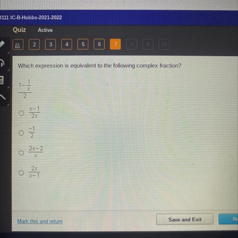 Which expression is equivalent to the following complex fraction? 1 1 2 o x-1 2x 架 0 2 2x-example-1