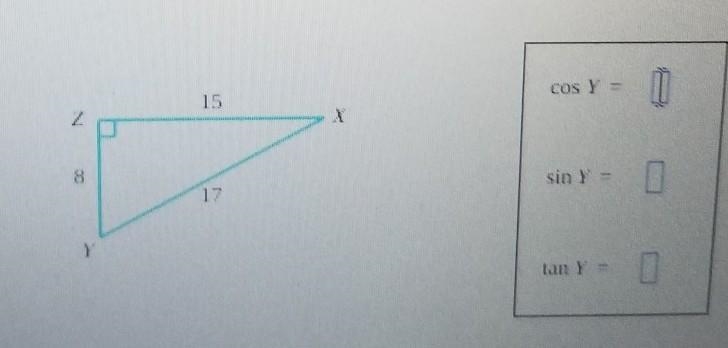 a right triangle has side lengths 8, 15, and 17 as shown below. Use these lengths-example-1