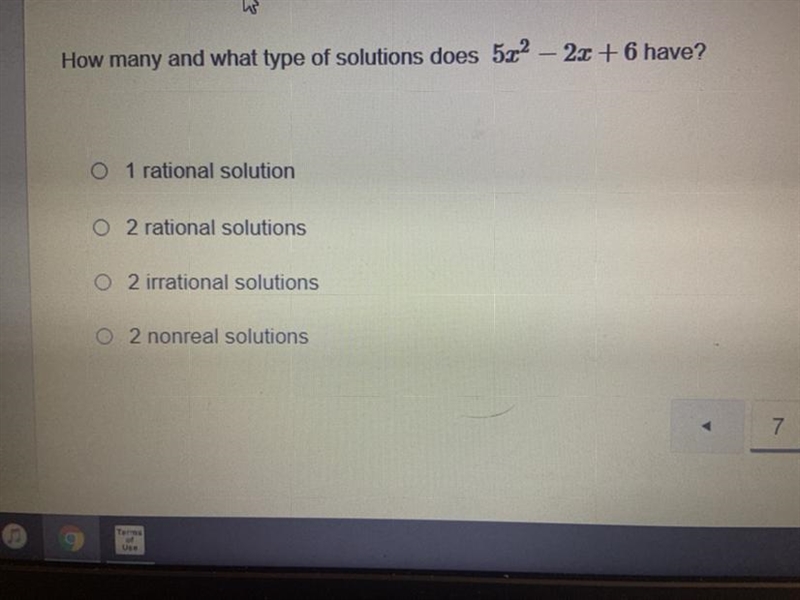 How many and what type of solutions does 5x^2-2x+6 have-example-1