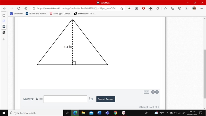 The area of the triangle below is 14.96 square inches. What is the length of the base-example-1