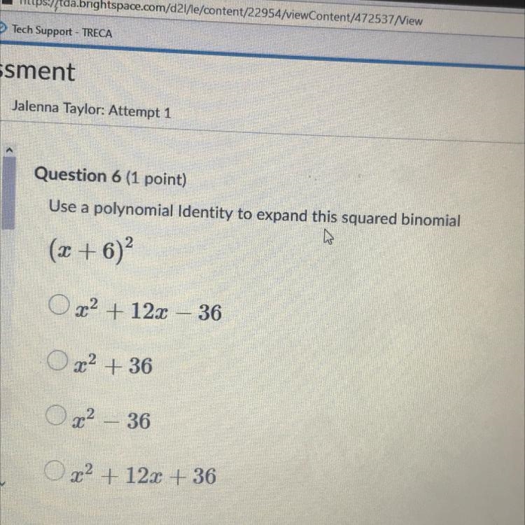 Use a polynomial Identity to expand this squared binomial (x + 6)2-example-1