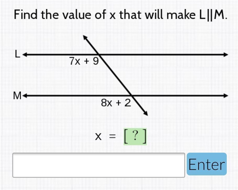 Find the value of x that will make L||M.-example-1