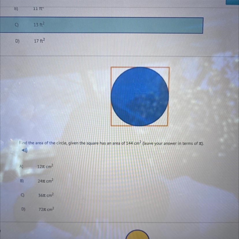 Help worth 10 PTS!! Find the area of the circle, given the square has an area of 144 cm-example-1