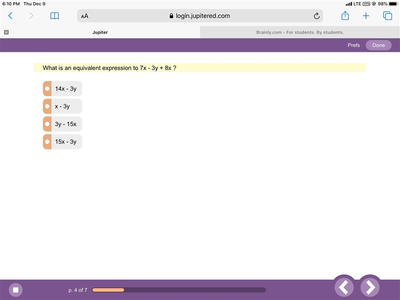 What is an equivalent expression to 7x - 3y + 8x ? Pls look at the image that I uploaded-example-1