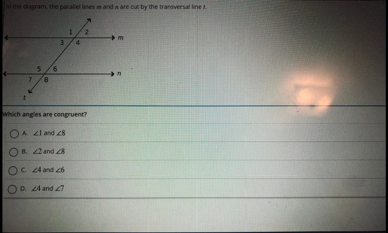 In the diagram, the parallel lines mand n are cut by the transversal line 1 Which-example-1