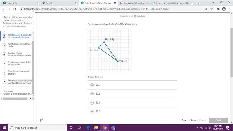 Find the approximate perimeter of △ABC plotted below.-example-1