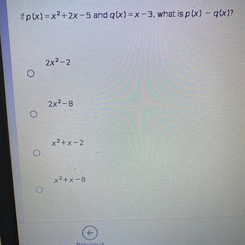 If p(x)=x^2+2x-5 and q(x)=-3, what is p(x)-q(x)?-example-1