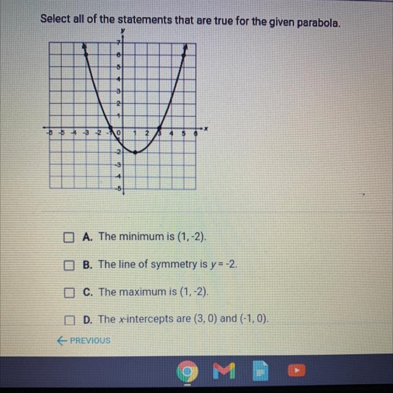 Select all of the statements that are true for the given parabola. A. The minimum-example-1