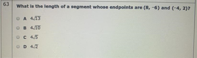 What’s the length of a segment whose endpoints are (8,-6) and (-4,2)?-example-1