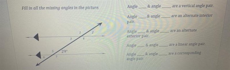 Angle & angle Fill in all the missing angles in the picture. are a vertical angle-example-1