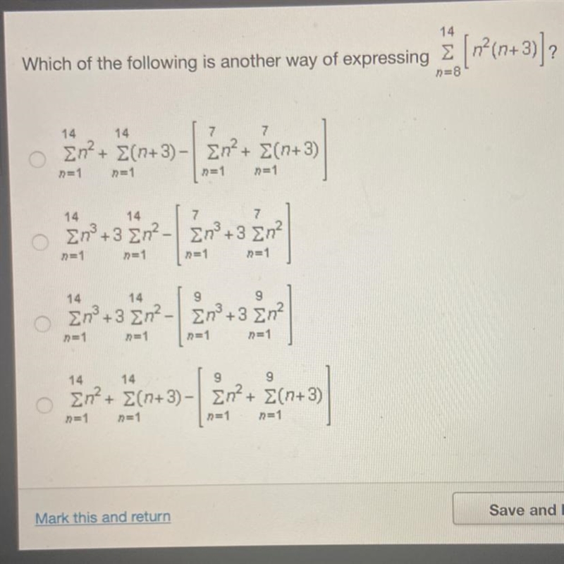 14 Which of the following is another way of expressing 2 [r? (n+3)) ? η=8 14 14 7 7 Ση? + Σ(n-example-1