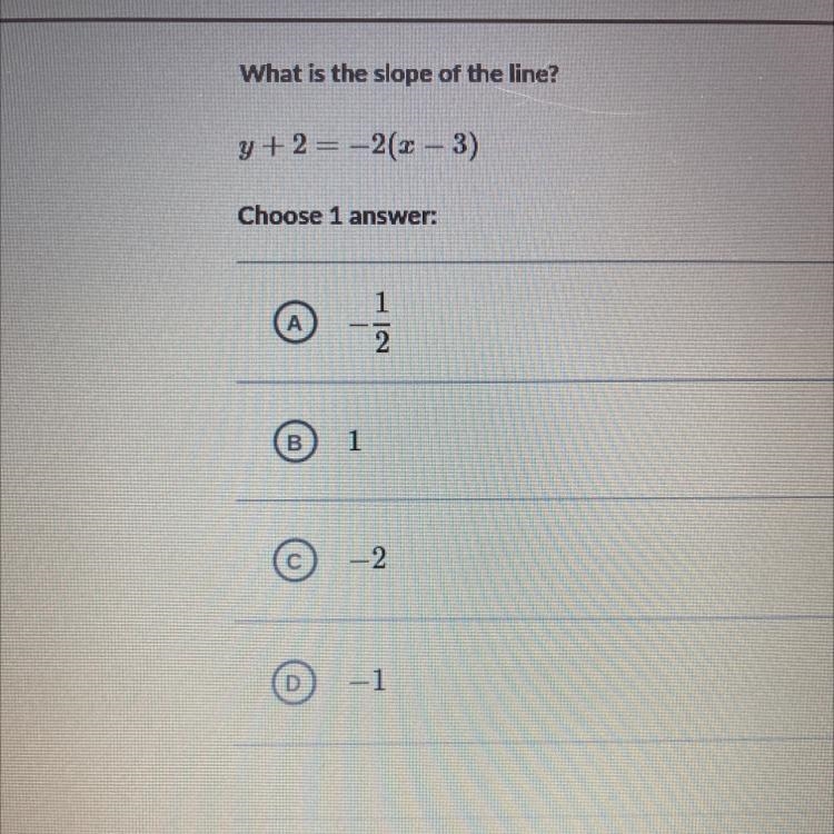 What is the slope of the line? y+2 = -2(2-3) Choose 1 answer: А w 1 2 B 1 1 с - 2 D-example-1