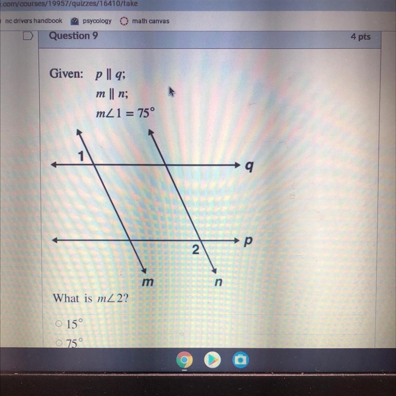 Given: p | q; m || n; mZ1 = 75° 9 р 2 m n What is mZ 2?-example-1