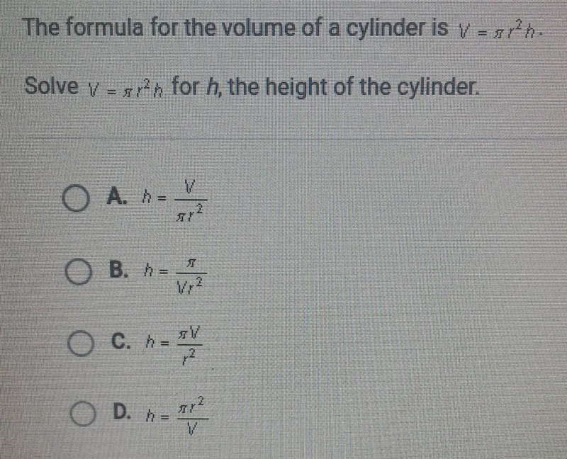 The formula for the volume of a cylinder is Y = gr). Solve y = grn for h, the height-example-1