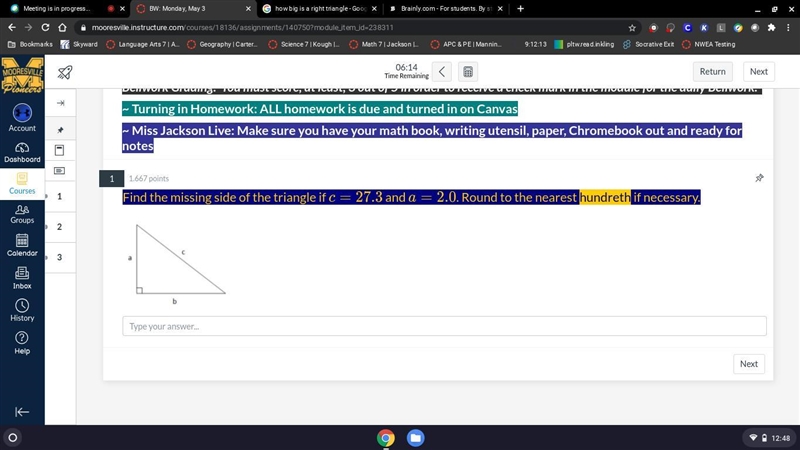 Find the missing side of the triangle if c=27.3c=27.3 and a=2.0a=2.0. Round to the-example-1