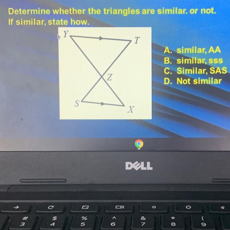 Determine whether the triangles are similar. or not. If similar, state how. A. similar-example-1