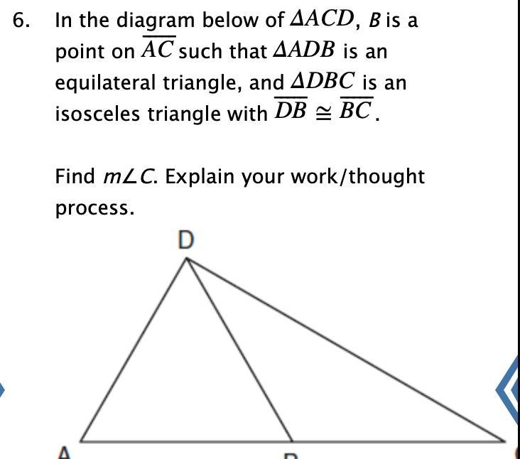 In the diagram below of ΔACD, B is a point on AC⎯⎯⎯⎯⎯such that ΔADB is an equilateral-example-1