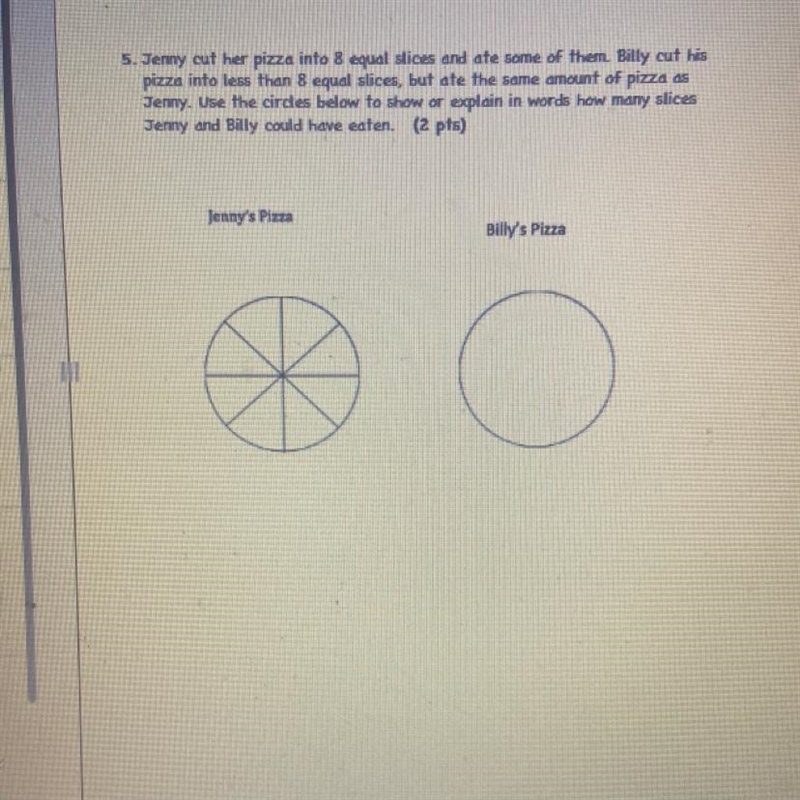 Jenny cut her pizza into 8 equal slices and ate some of them. Billy cut his pizza-example-1