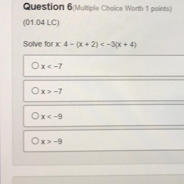 Solve for 4 - (x + 2) < -3 ( x + 4 ) ( 9th grade Algebra 1)-example-1