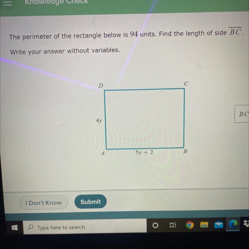 The perimeter of the rectangle below is 94 units. Find the length of side BC. Write-example-1