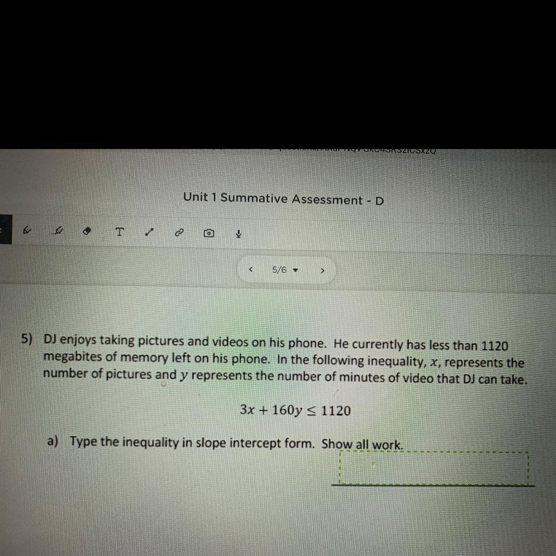 3x + 160y<=1120 written in slope intercept form-example-1