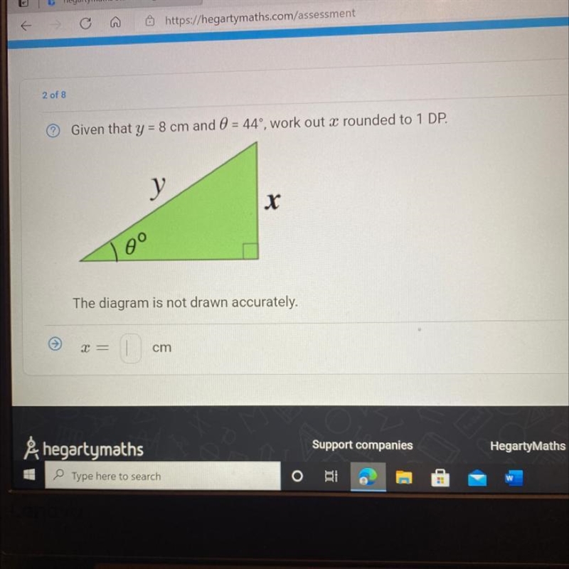 2 of 8 Given that y = 8 cm and 0 = 44", work out a rounded to 1 DP. Oo The diagram-example-1