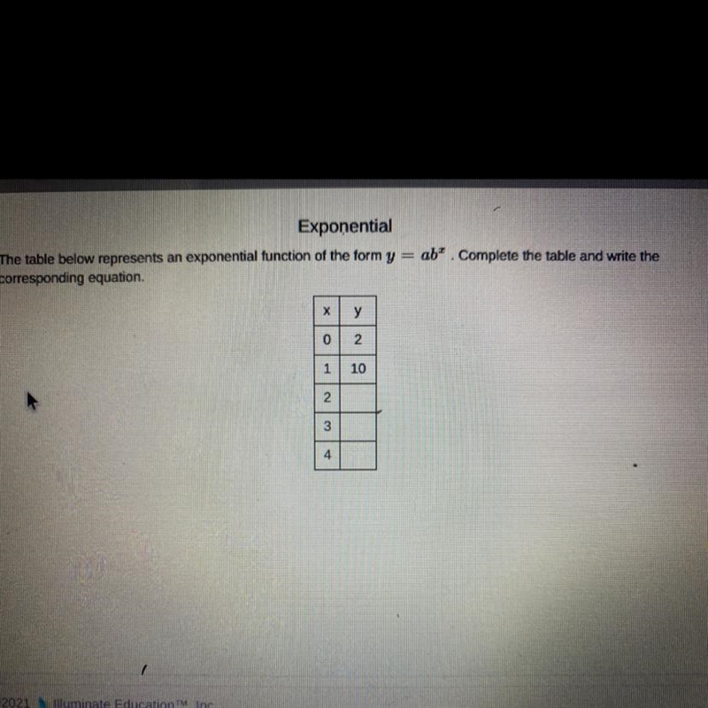 PLEASE HELP The table below represents an exponential function of the form y = ab-example-1