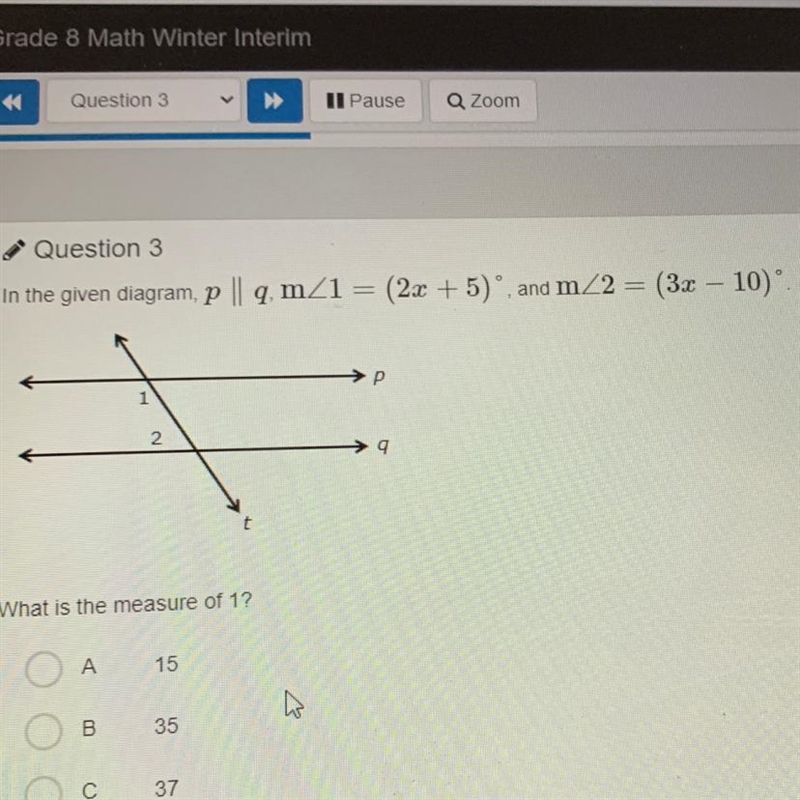 What is the measure of 1? A.15 B.35 C.37 D.79-example-1