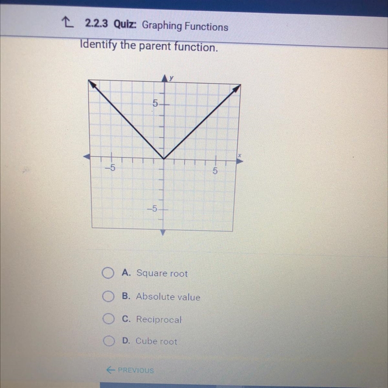 Ldentify the parent function. A. Square root B. Absolute value C. Reciprocal D. Cube-example-1