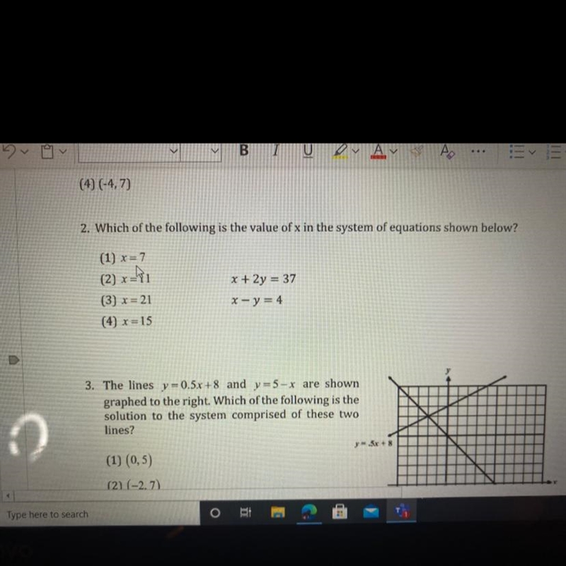 Which of the following is the value of x in the system of equations shown below?-example-1