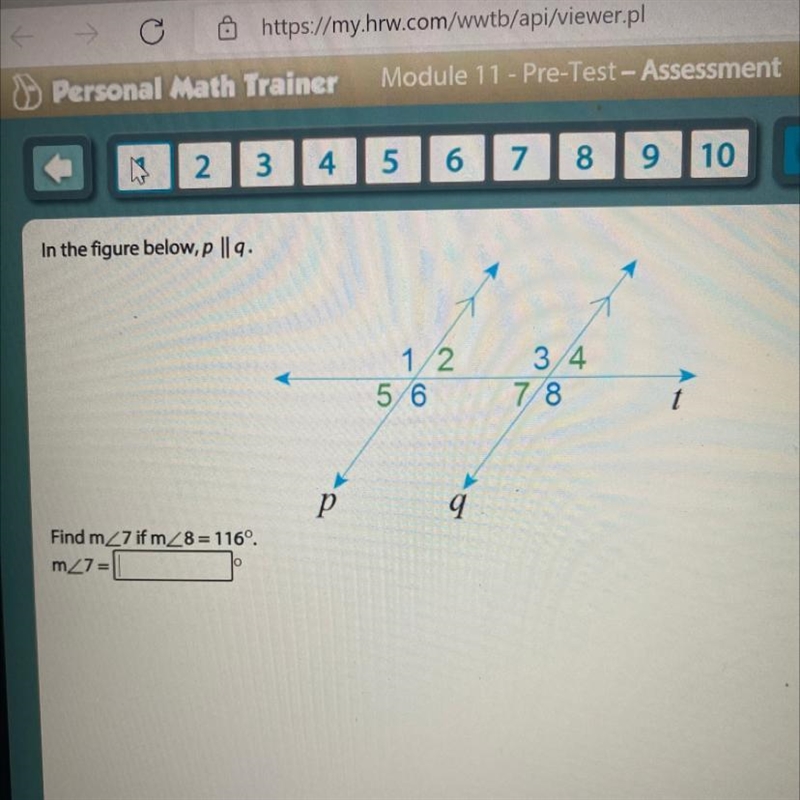 In the figure below, p ||q. find m 7 if m 8=116°-example-1