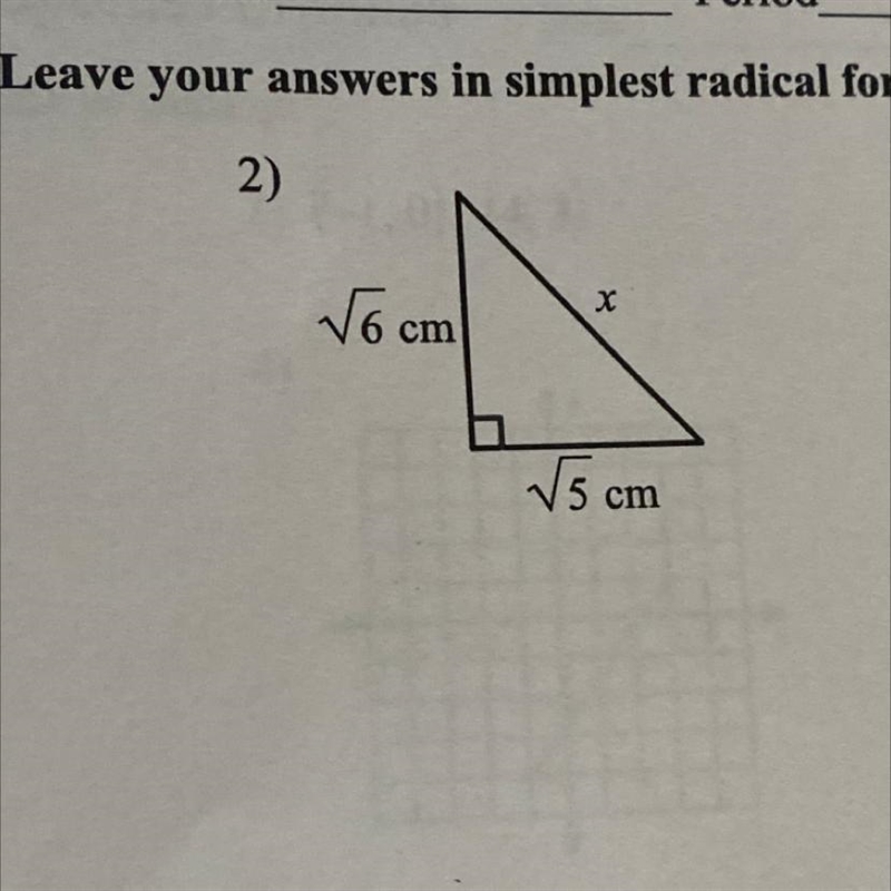 Find the missing side of each triangle. leave your answers in simplest radical form-example-1