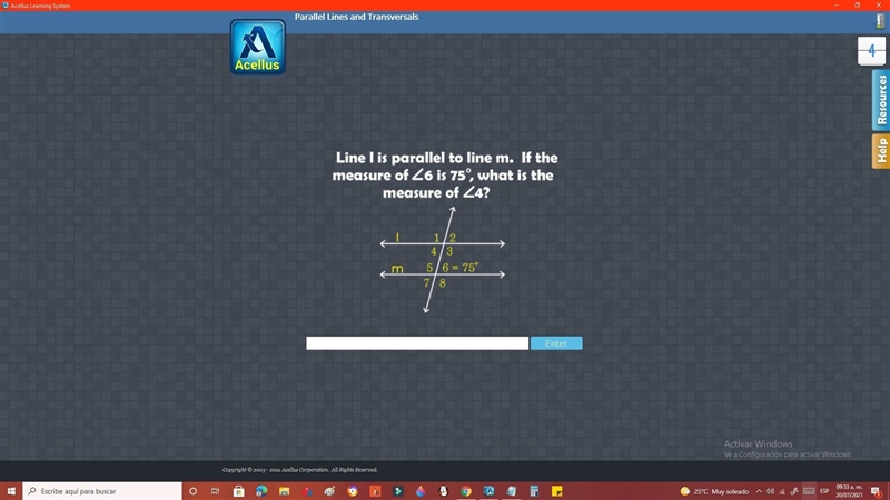 Line l is parallel to line m, if the measure of <6 is 75° what is the measure of-example-1