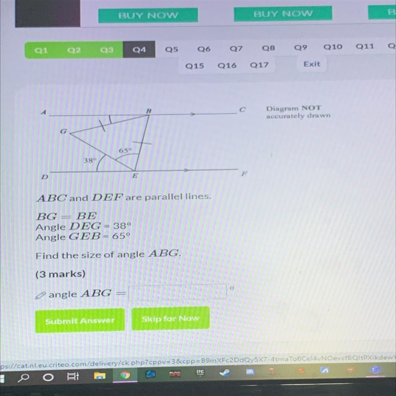 ABC and def are parallel lines BG=BE Angle DEG =38 degrees Angle GEB= 65 degrees Find-example-1