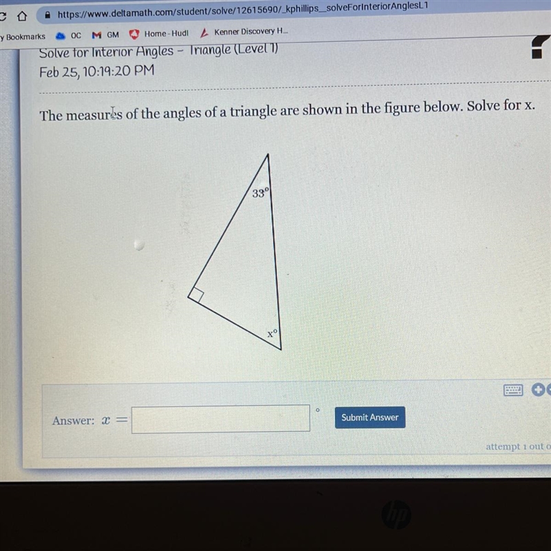 The measurts of the angles of a triangle are shown in the figure below. Solve for-example-1