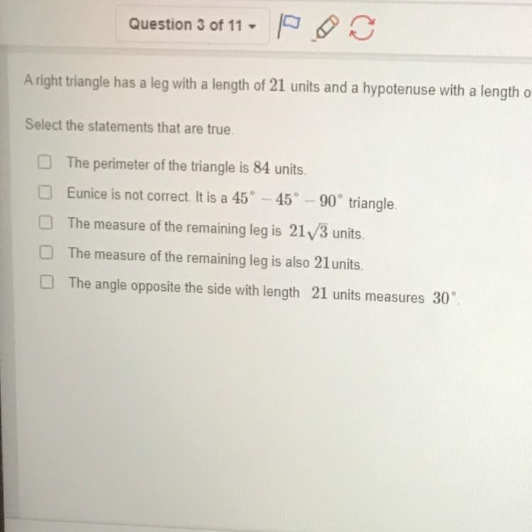 A right triangle has a leg with a length of 21 units in the hypotenuse with a length-example-1