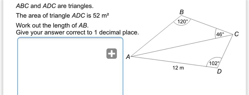 ABC and ADC are triangles. The area of triangle ADC is 52m^2. Work out the length-example-1