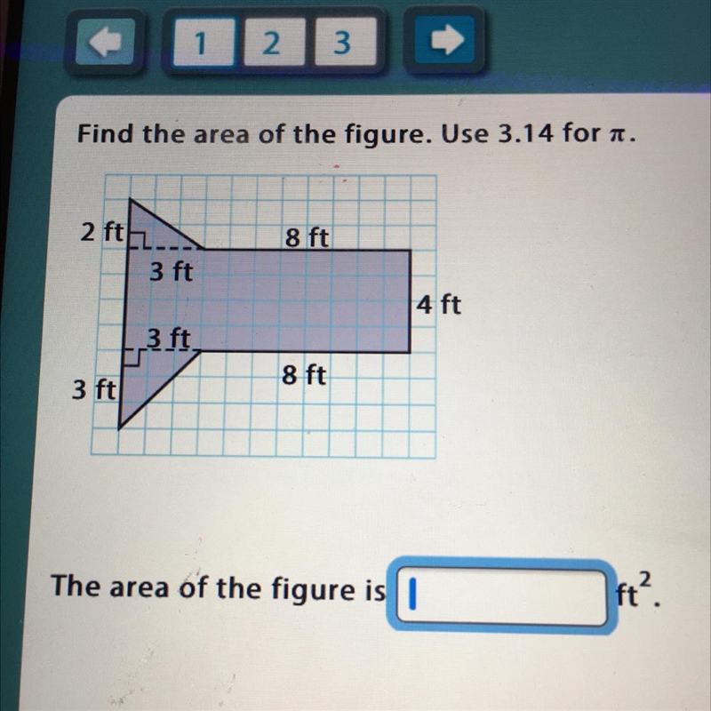 Find the area of the figure. Use 3.14 for it. 2 ft. 8 ft 3 ft 4 ft 3 ft 8 ft The area-example-1